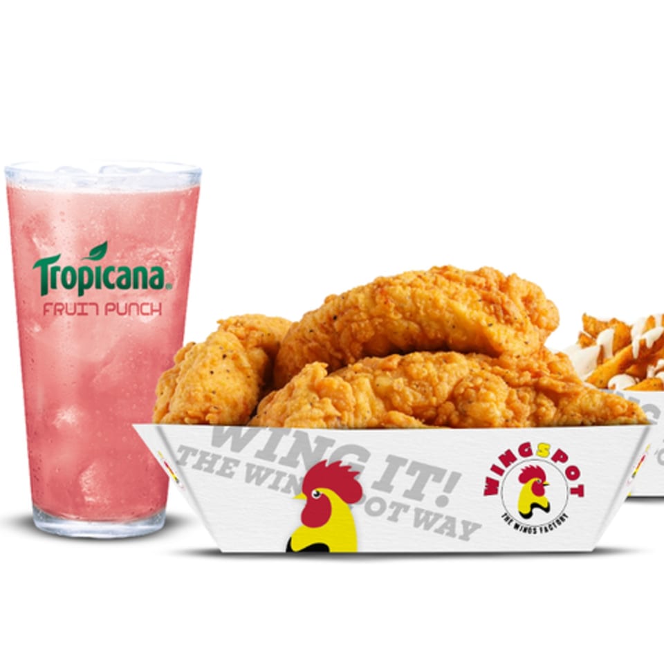WINGSPOT fried chicken tenders in a branded tray with a glass of Tropicana Fruit Punch.